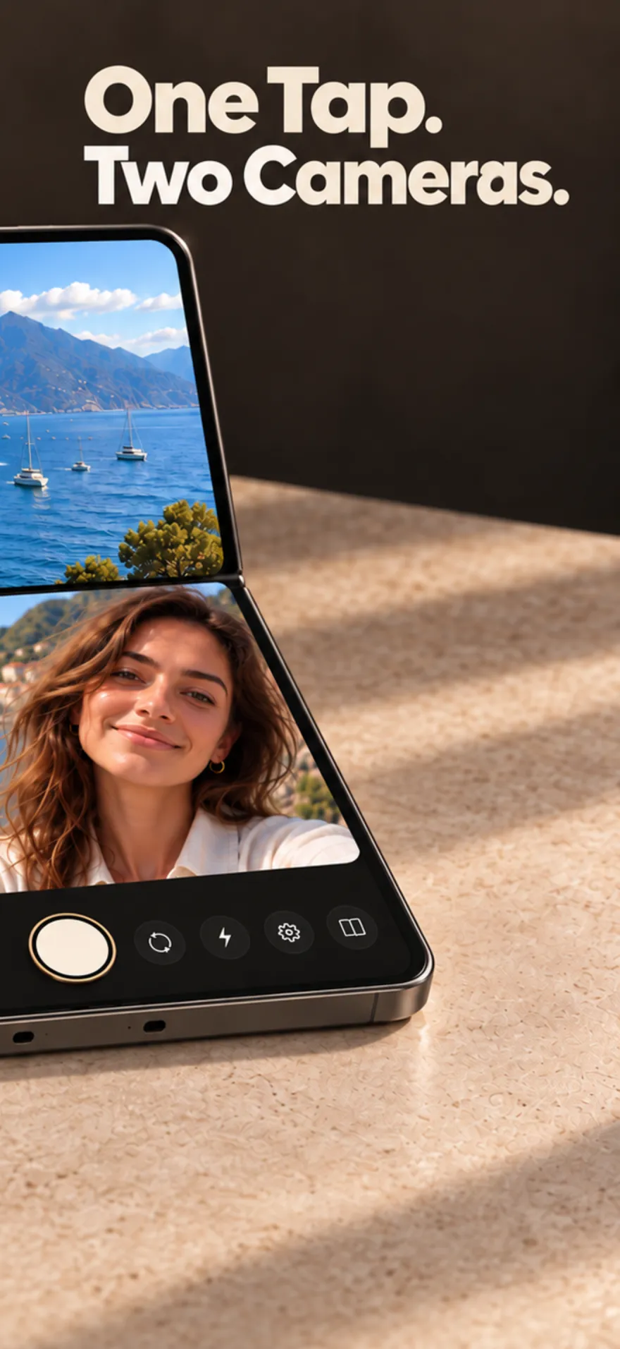 One tap. Two cameras. — the shutter captures both previews at once.