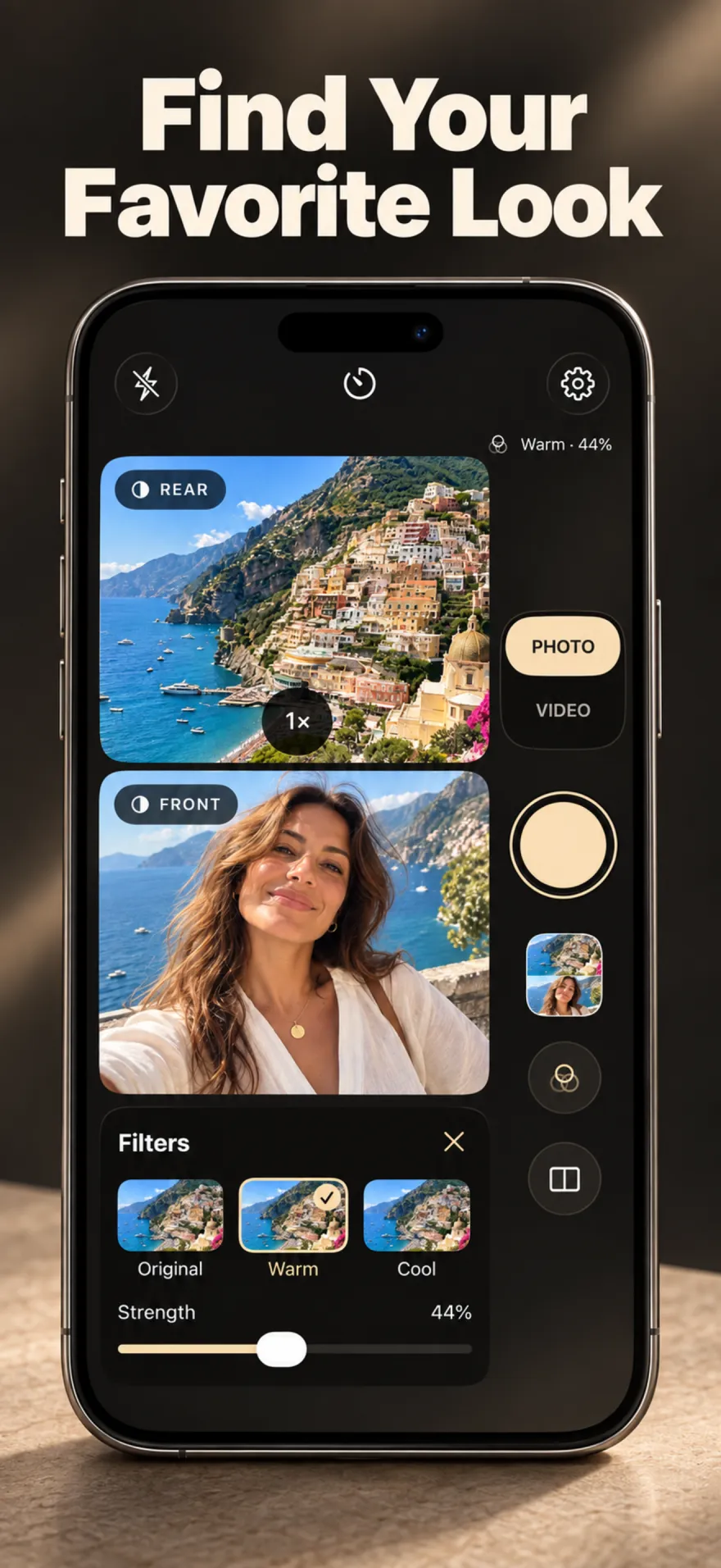 The filter picker open with Warm selected at 44% strength.